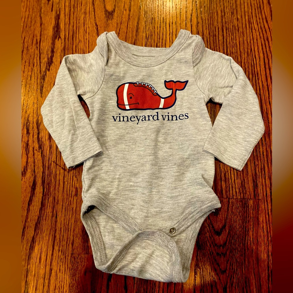 Vineyard Vines football whale onesie.